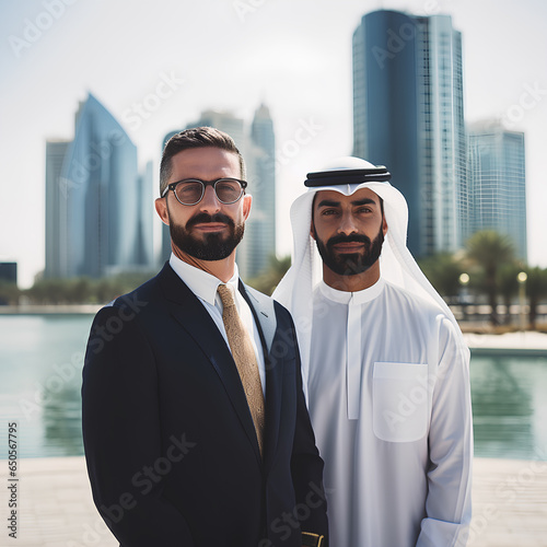Two businessmen standing on a street in Dubai