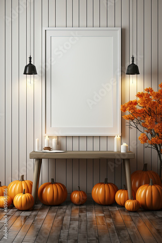 Halloween welcome signboard mockup on a white wooden wall. Autumnal Interior Design with Pumpkins and Vase of Flowers