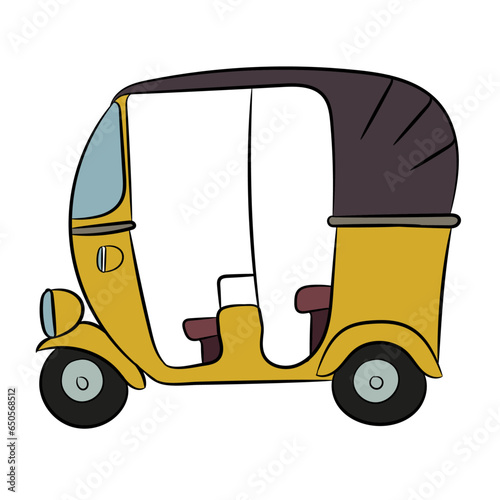 Vector cartoon illustration of side view of three wheeler tuk tuk traditional transportation rickshaw of Asia transport.
