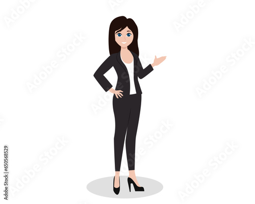 Vector illustration of a business woman wearing formal dress in presentation pose.
