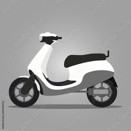 Vector illustration of side view of stylish white electric gearless scooter on grey background.

