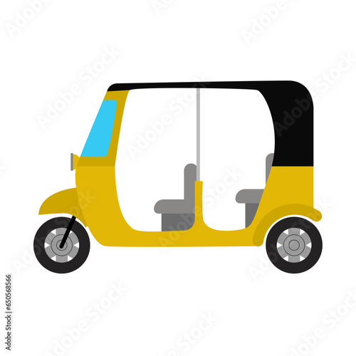 Flat vector illustration of side view of three wheeler tuk tuk traditional transportation rickshaw of Asia transport.

