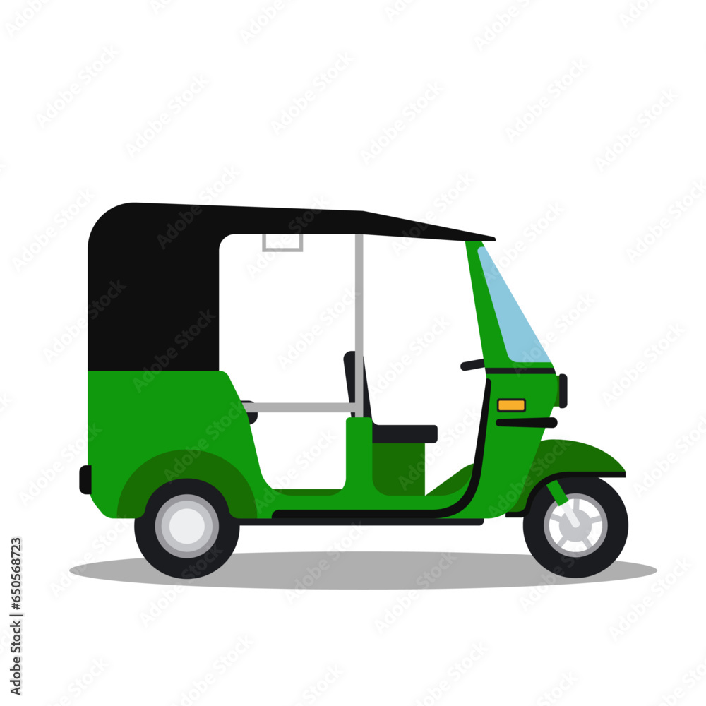 Vector illustration of side view of three wheeler or CNG rickshaw, Indian public transport.
