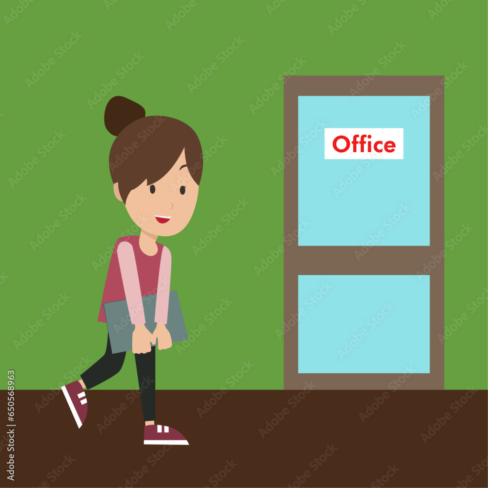 Vector cartoon illustration of female employee going to office with ...