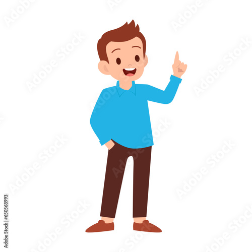 Vector illustration of cartoon boy character in blue shirt pointing up. 