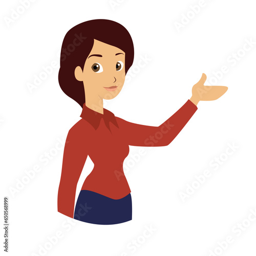 Vector illustration of a business woman wearing formal dress standing in presentation pose. 