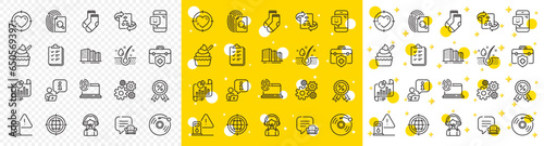 Outline Discount medal, Cogwheel and Petrol station line icons pack for web with Interview, Heart target, Socks line icon. Computer fingerprint, Serum oil, Ice cream pictogram icon. Vector