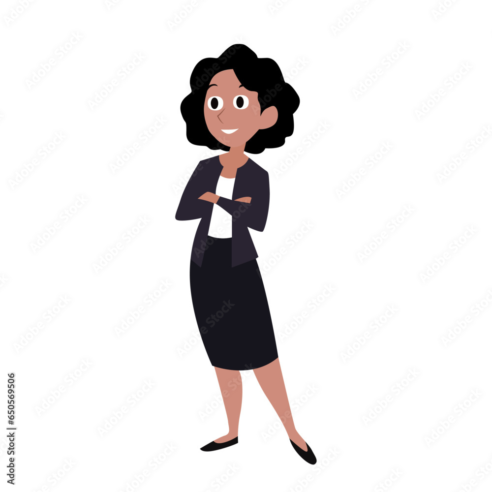 Vector illustration of a smiling business woman in black formal wear and standing arms folded.
Vector illustration of a smiling business woman in black formal wear and standing arms folded.