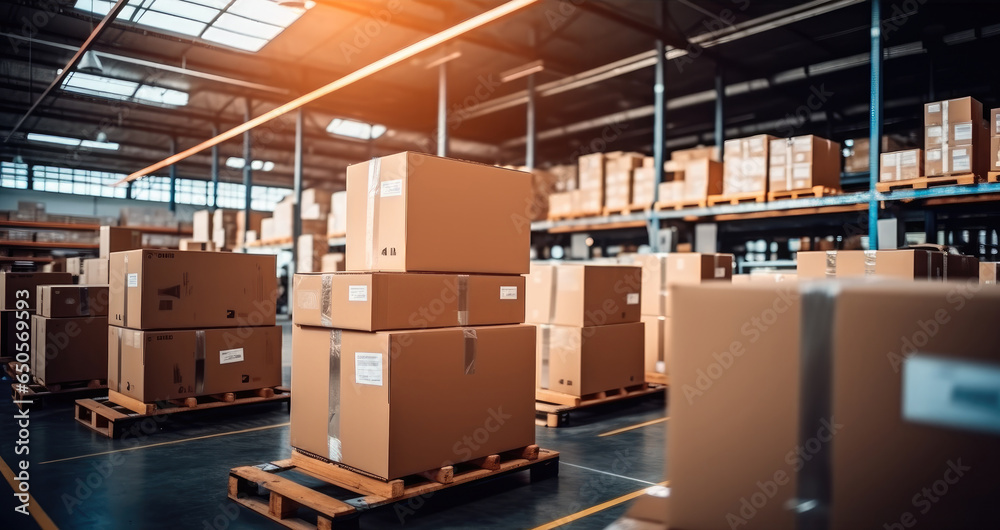 Distribution warehouse with a lot of shelves with cardboard boxes. Distribution warehouse with a lot of shelves with cardboard boxes.