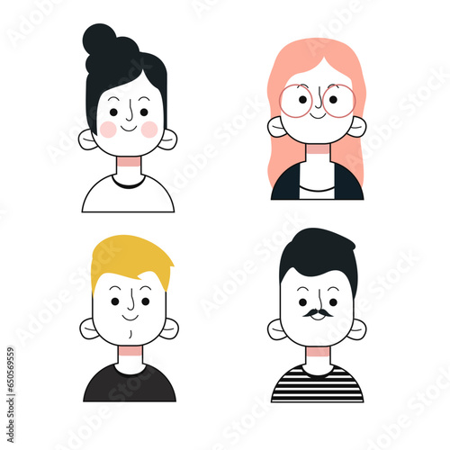 Vector illustration of males and females different types of faces.
