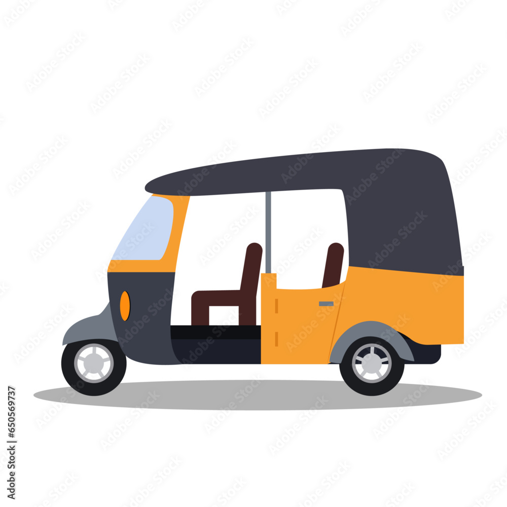 Flat vector illustration of side view of electric three wheeler tuk tuk traditional transportation rickshaw of Asia transport.
