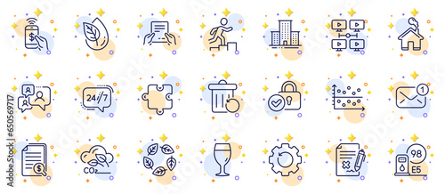 Outline set of Home, 24h service and University campus line icons for web app. Include Dot plot, Leader run, Video conference pictogram icons. Organic tested, Support chat, Reject file signs. Vector