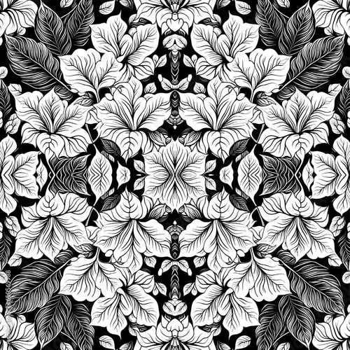 Seamless pattern with leaves. Black and white floral background.