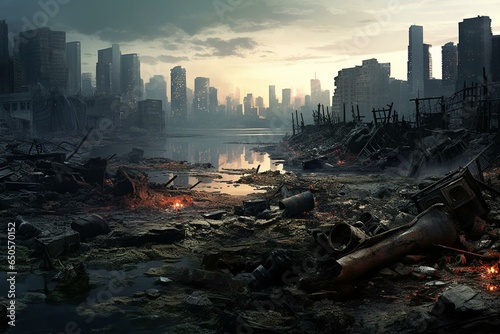 A bleak cityscape ravaged by environmental disaster. Generative AI