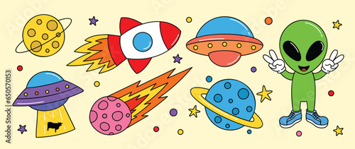 Set of 70s groovy element vector. Collection of cartoon character, doodle smile face, UFO, UAP, alien, spaceship, rocket, saturn, cow. Cute retro groovy hippie design for decorative, sticker, kids.