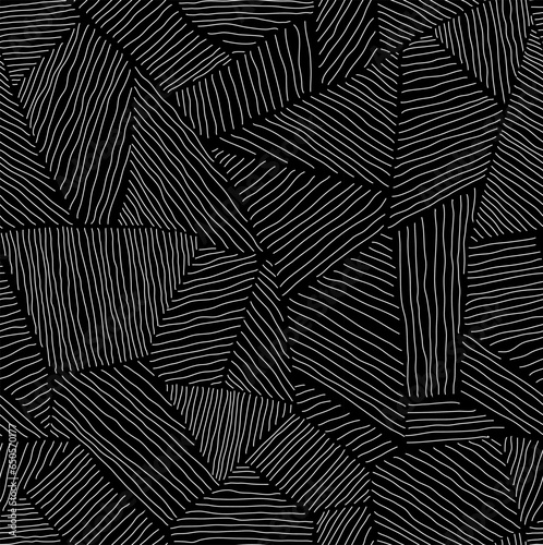 Seamless black mosaic pattern of textured geometric shapes