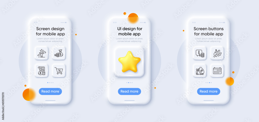 Coins bag, Accounting and Special offer line icons pack. 3d phone mockups with star. Glass smartphone screen. Inflation, Difficult stress, Calendar web icon. Info, Rise price pictogram. Vector