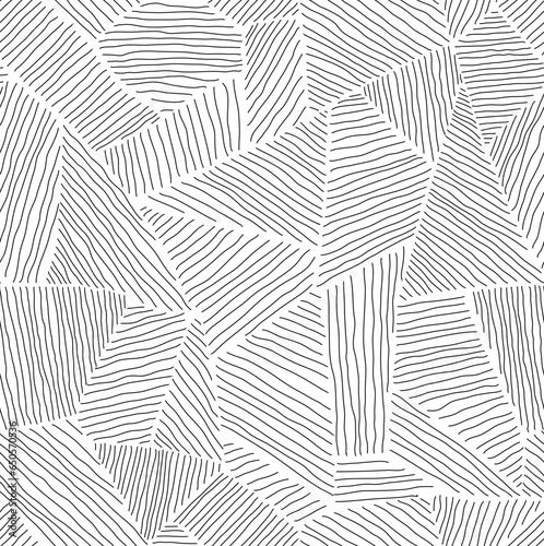 Casual black and white geometric background of hand drawn shape mosaic. Abstract monochrome seamless doodle design of stripy collage fragments