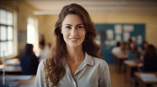 Beautiful young female school teacher standing in the classroom.