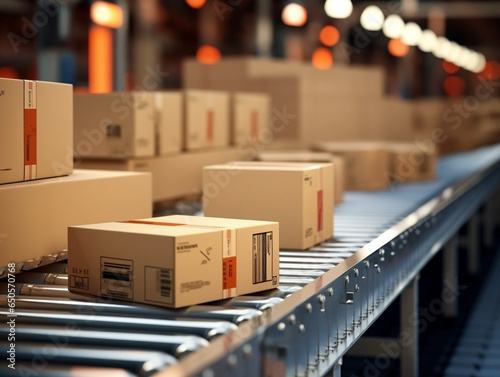 Closeup of multiple cardboard box packages seamlessly moving along a conveyor belt in a warehouse fulfillment center, a snapshot of e-commerce, delivery, automation, and products, generative ai