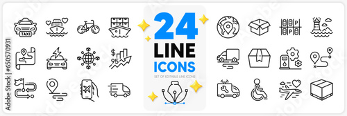 Icons set of Bicycle, Delivery route and Pin line icons pack for app with Flight mode, Travel path, Filling station thin outline icon. Opened box, Shipment, Taxi pictogram. Vector