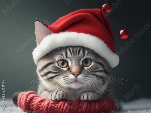 A cat with christmas hat with hand wrting photo