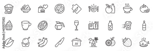 Icons pack as Water bottle, Cupcake and Romantic dinner line icons for app include Coffee delivery, Coffee cup, Ice cream outline thin icon web set. Knife, Grilled sausage, Popcorn pictogram. Vector