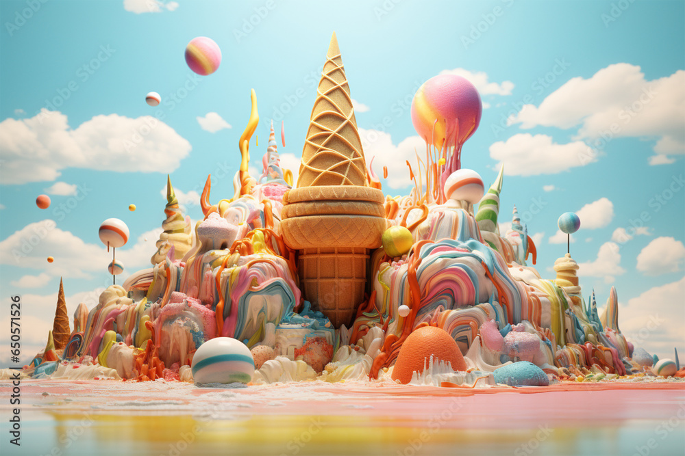 custom made wallpaper toronto digitalIce Cream Fantasy, Cartoon illustration of an ice cream waffle cone surrounded by colorful elements. Creative Ice cream banner advertising concept. Imaginary ice cream world wallpaper concept