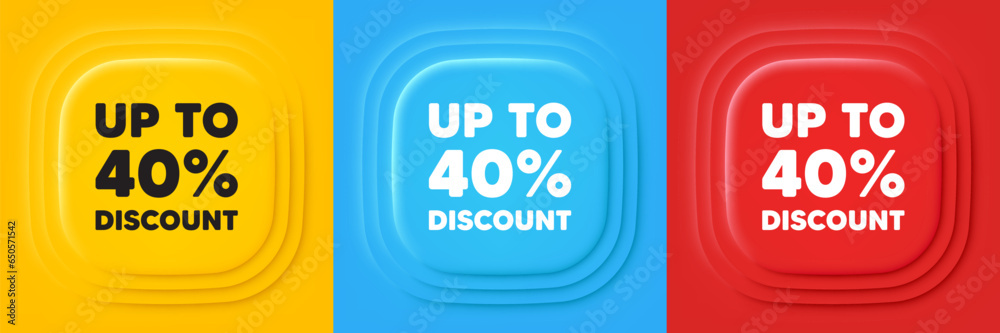 Up to 40 percent discount. Neumorphic offer banners. Sale offer price sign. Special offer symbol. Save 40 percentages. Discount tag podium background. Product infographics. Vector Up to 40 percent discount. Neumorphic offer banners. Sale offer price sign. Special offer symbol. Save 40 percentages. Discount tag podium background. Product infographics. Vector