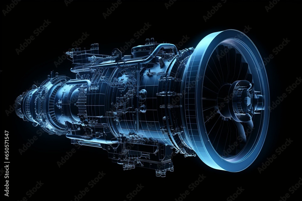Black background with wireframe of a turbojet engine. A 3D rendering of ...