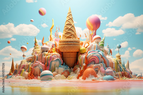 Ice Cream Fantasy, Cartoon illustration of an ice cream waffle cone surrounded by colorful elements. Creative Ice cream banner advertising concept. Imaginary ice cream world wallpaper concept