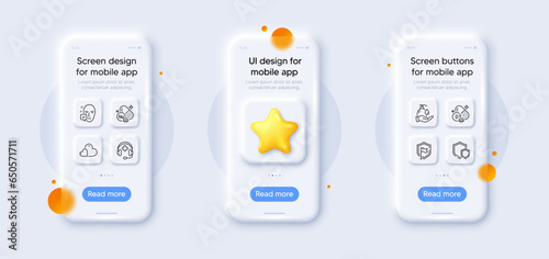 Cholecalciferol, Shields and Medical support line icons pack. 3d phone mockups with star. Glass smartphone screen. Wash hands, Sodium mineral, Shield web icon. Face accepted, Care pictogram. Vector