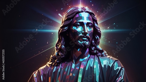futuristic Holographic Jesus Christ statue in a dark background, Christian concert background 