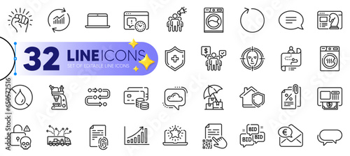 Outline set of Cloud communication, Methodology and Laptop line icons for web with Dryer machine, Tax documents, Cyber attack thin icon. Money, Washing machine, Euro money pictogram icon. Vector