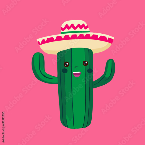 Cartoon Mexican Cactus Character with mexican hat sombero