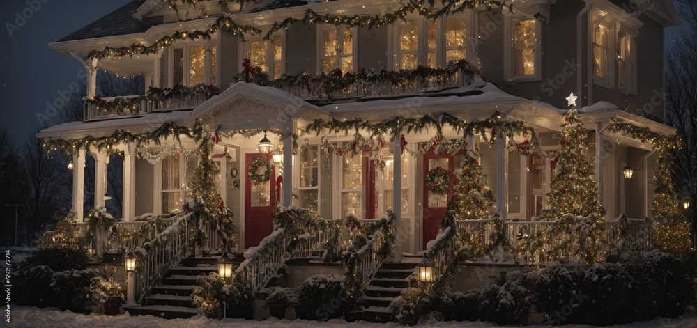 As snowflakes gently fall from the sky, a wonderful house is decked with wreaths and garlands, with a magnificently decorated Christmas tree standing proudly on the front porch.