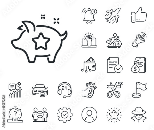 Bonus piggy. Salaryman, gender equality and alert bell outline icons. Loyalty points line icon. Discount program symbol. Loyalty points line sign. Spy or profile placeholder icon. Vector