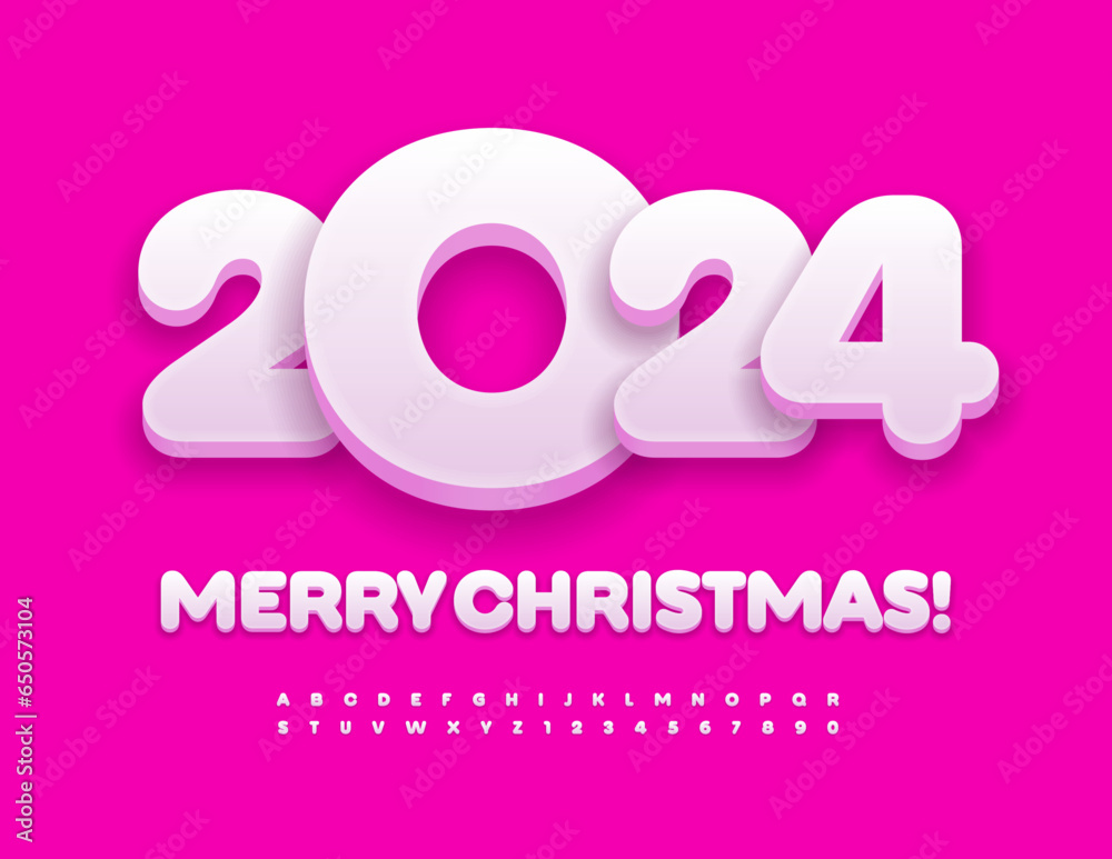 Vector cute Greeting Card Merry Christmas 2024! White Kids Font. Modern Alphabet Letters and Numbers