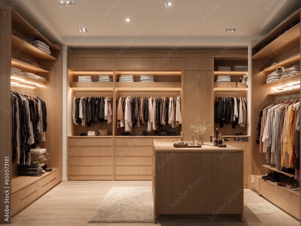 A luxurious dressing room with a contemporary minimalist style, shelves ...