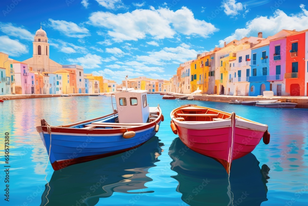 Colorful houses and boats in Burano island, Venice, Italy, Colorful seashore city landscape view with beautiful dinghy boats floating on the water. , AI Generated