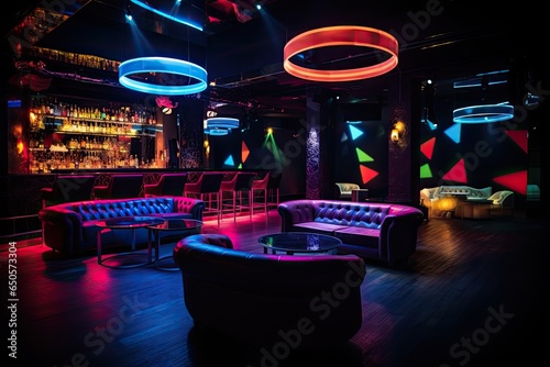 Interior of a night club with neon lights. Nightlife concept, colorful interior of bright and beautiful night club with dark seats and glowing lights, AI Generated
