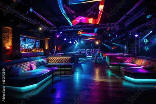Interior of a modern night club with bright lights. Night club, colorful interior of bright and beautiful night club with dark seats and glowing lights, AI Generated