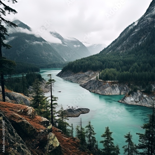 a rustic scene of a like and bay in a mountain valley with light gray and teal colors. photo