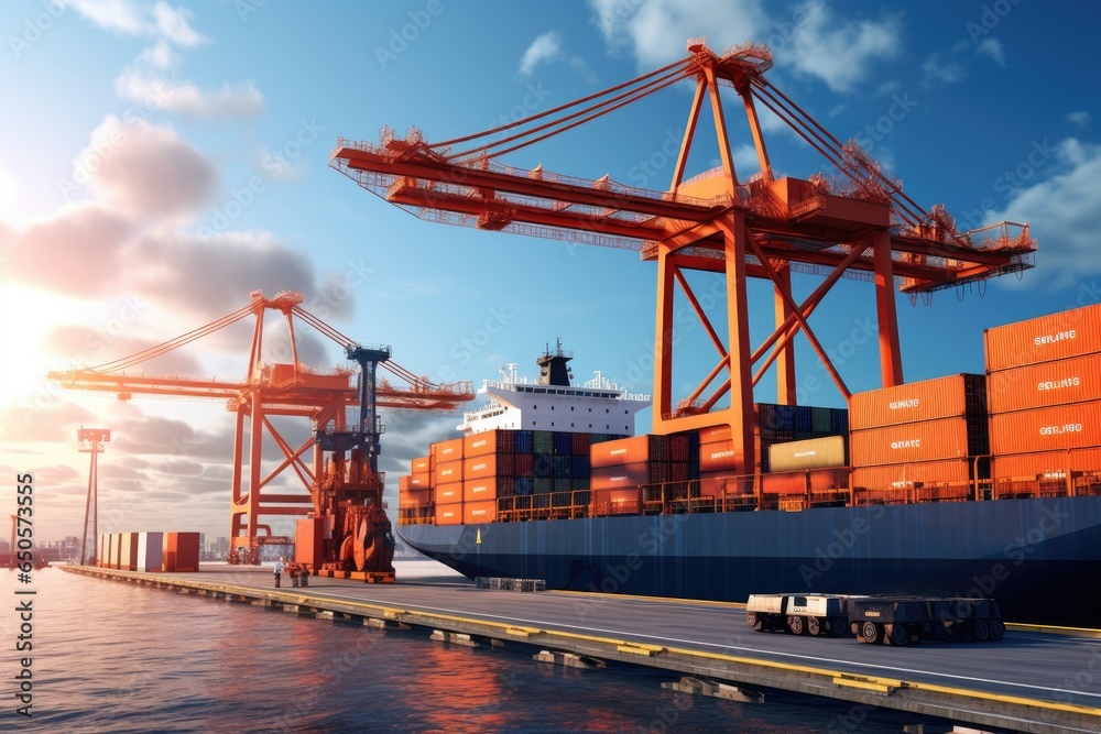 Container Cargo freight ship with working crane bridge in shipyard for , Container Cargo freight ship with working crane bridge in the sea for Logistic Import Export background, AI Generated Container Cargo freight ship with working crane bridge in shipyard for , Container Cargo freight ship with working crane bridge in the sea for Logistic Import Export background, AI Generated