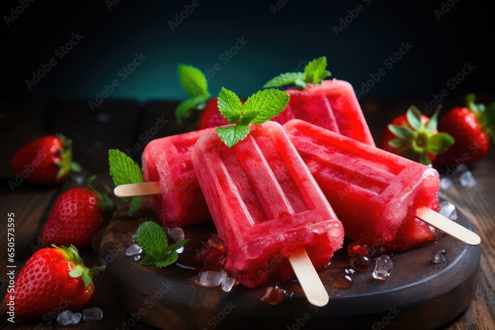 Homemade popsicles with fresh strawberries and ice cubes on wooden background, Colorful homemade popsicle with strawberry, AI Generated - obrazy, fototapety, plakaty 