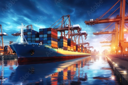 Container Cargo freight ship with working crane bridge at sunset for   Container Cargo freight ship with working crane bridge in the sea for Logistic Import Export background  AI Generated
