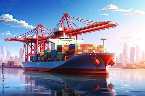 Container Cargo freight ship with working crane bridge, Container Cargo freight ship with working crane bridge in the sea for Logistic Import Export background, AI Generated