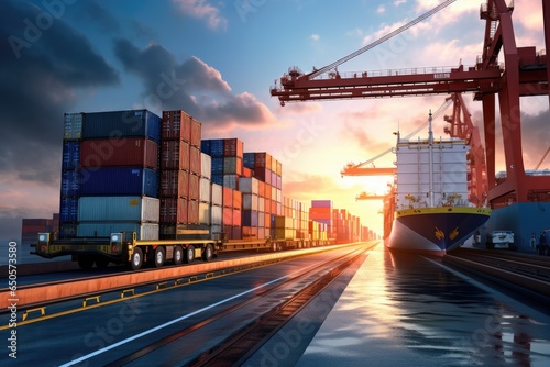 Container Cargo freight ship with working crane , Container Cargo freight ship with working crane bridge in the sea for Logistic Import Export background, AI Generated