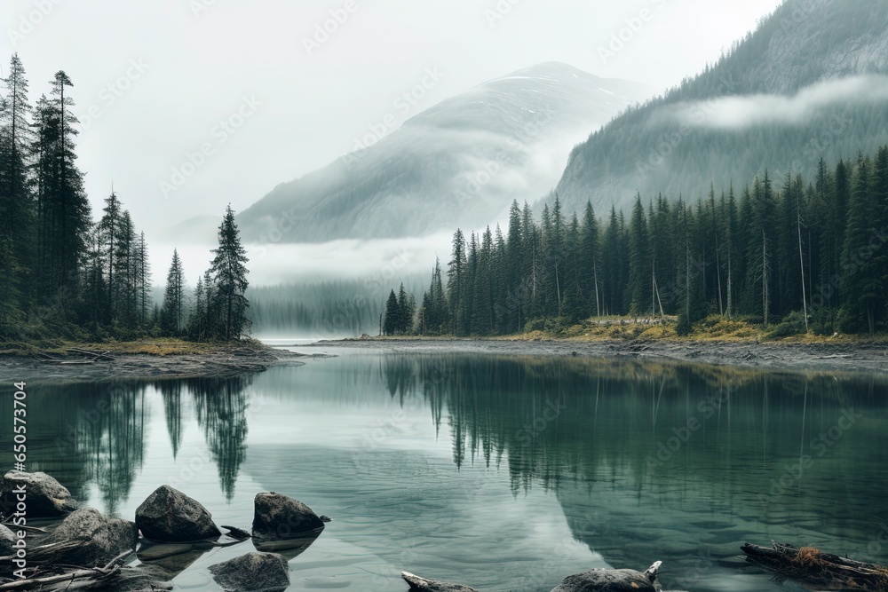 Naklejka premium a rustic scene of a like and bay in a mountain valley with light gray and teal colors.