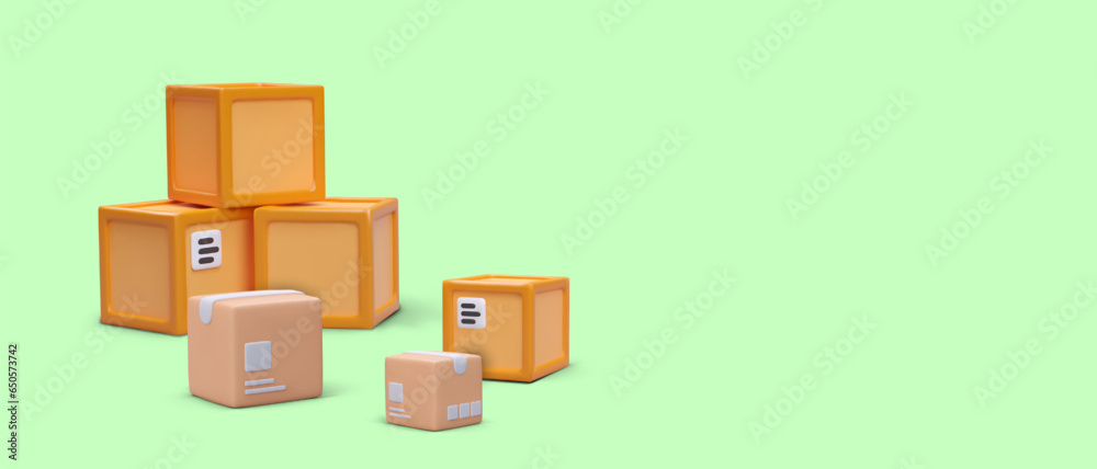 Obraz premium Stack of boxes of different types. Plywood cargo packaging and cardboard parcels without marking. Advertisement of packaging manufacturer. Renting warehouse. Storage of goods